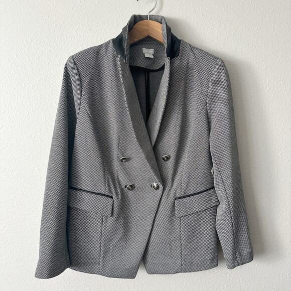 Chico’s Size 2 Herringbone Leather Trim Double Breast Jacket Women's Size Large - Picture 2 of 15